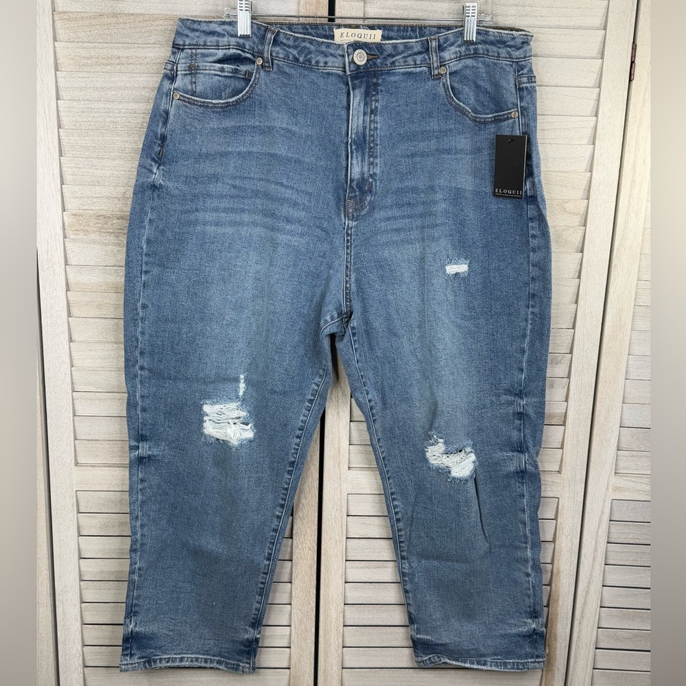 ELOQUII Women's Viola Stretch Denim Distressed Cropped Mom Jeans-16